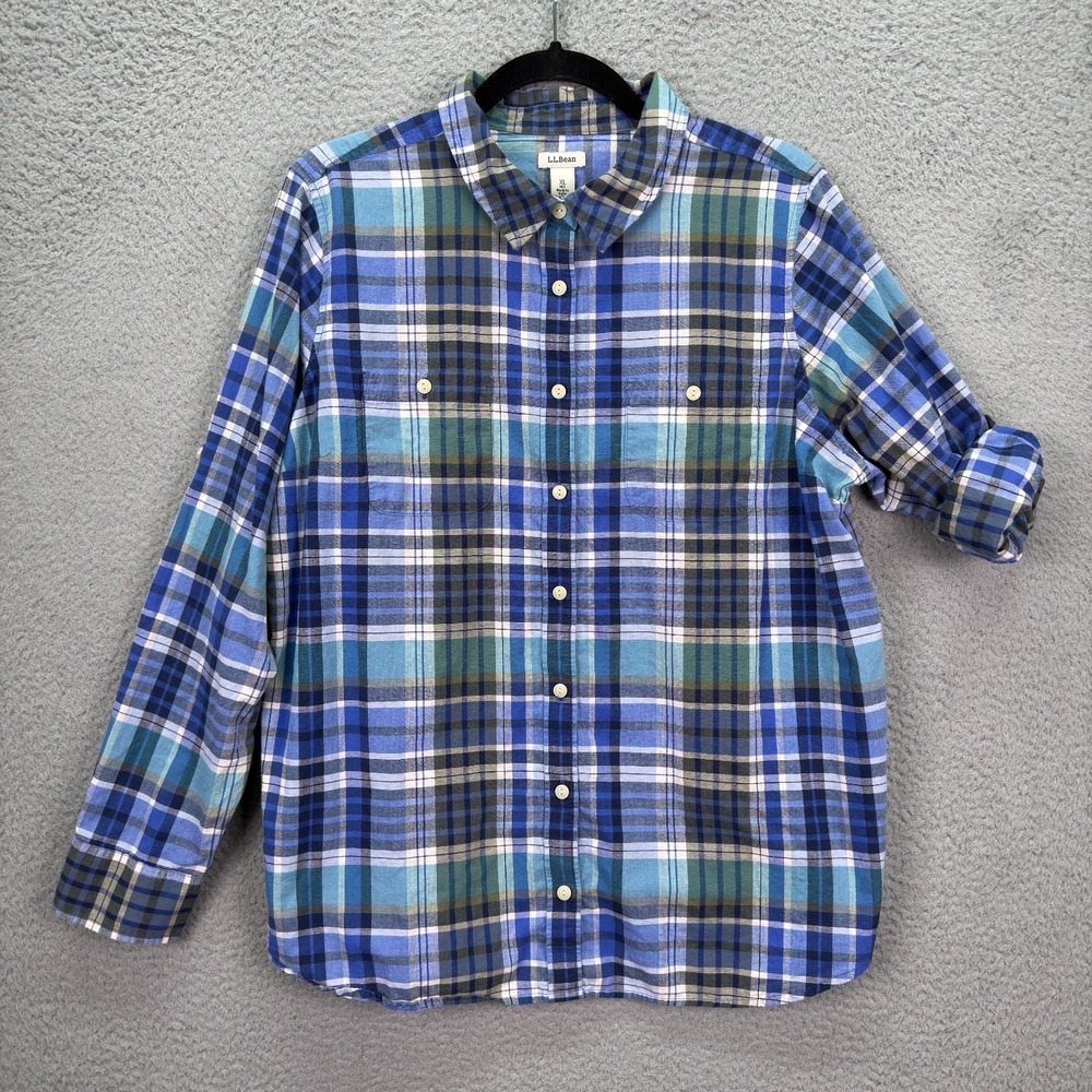 LL Bean Top Womens XL Blue Madras Plaid Button Up Shirt Outdoor Ranch Cowgirl